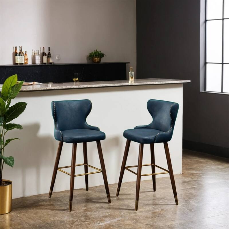 Modern Faux Leather Tufted Nailhead Trim Barstool Set of 2