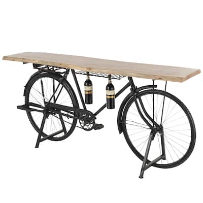 Metal Bike Replica Bar with Live Edge Brown Wood Top and Bottle Holder Slots - Black - Roche River Decor - 17"W x 77"L x 35"H