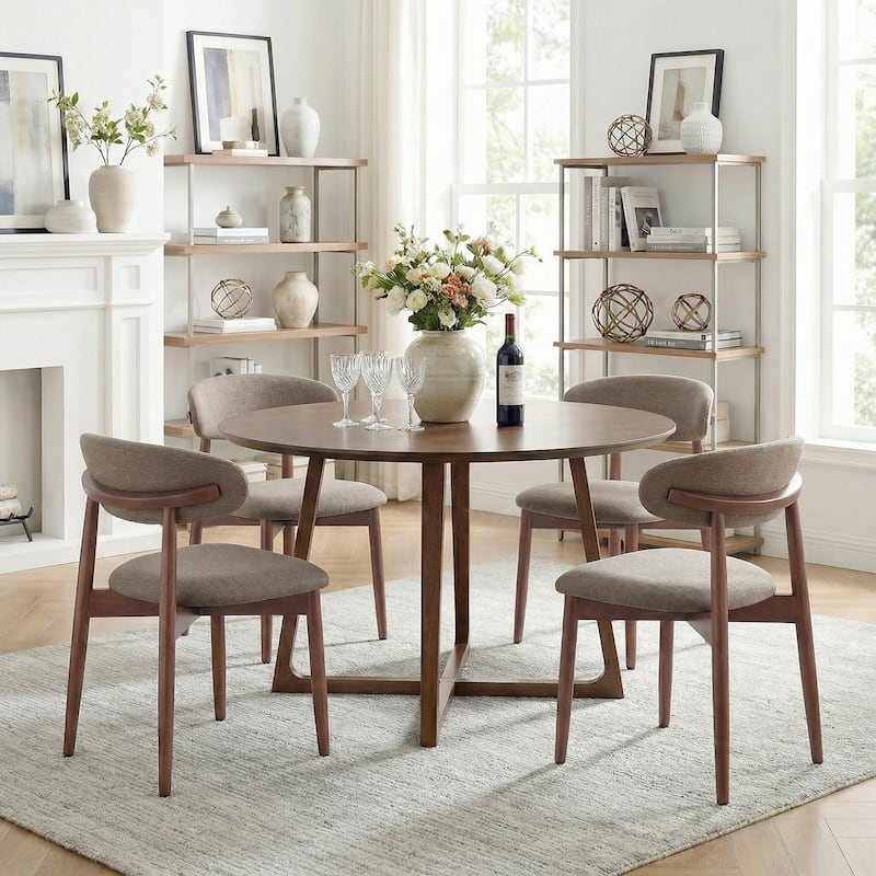 Open Back Upholstered Wood Frame Dining Chair Fabric Seat - Set of 4 - Camel