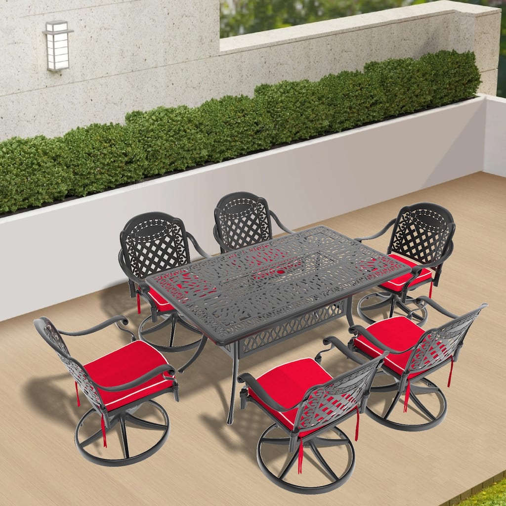 7-Piece All-Weather Dining Set, Aluminum Furniture Set with 6 Swivel Chairs, 6 Cushions and Rectangular Table