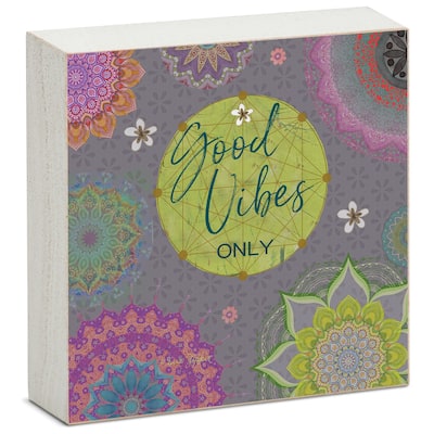 Wood Block Décor Message Good Vibes Only Sign, 3.75 inches Square, Made in The USA - Multi-16