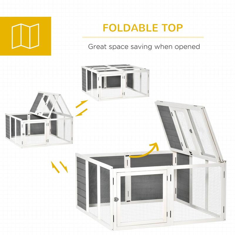 Grey Fir Wood Bunny Hutch with Metal Frame, Skylight & Foldable Roof - 47.2" L x 47.2" W x 23.6" H