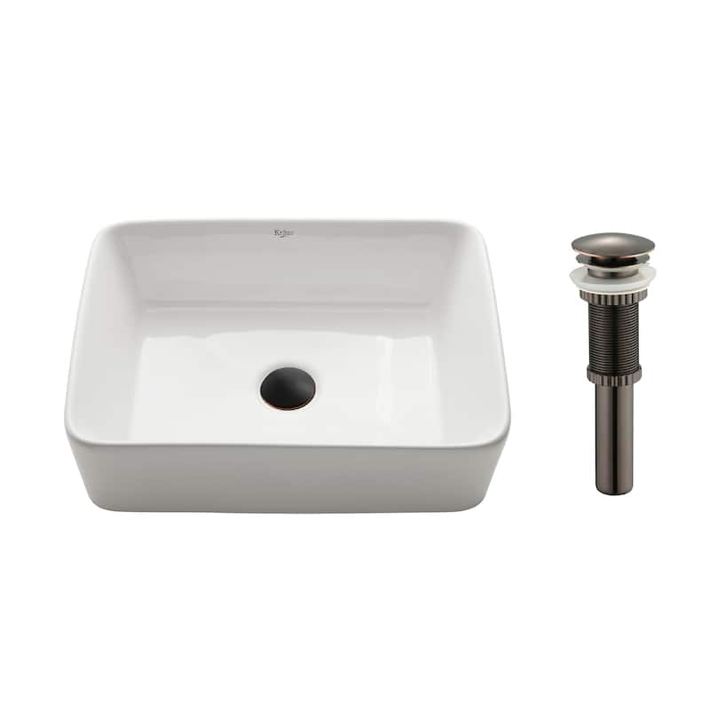 Kraus Elavo 19 inch Rectangle Porcelain Ceramic Vessel Bathroom Sink - White w/ Oil Rubbed Bronze Pop Up Drain