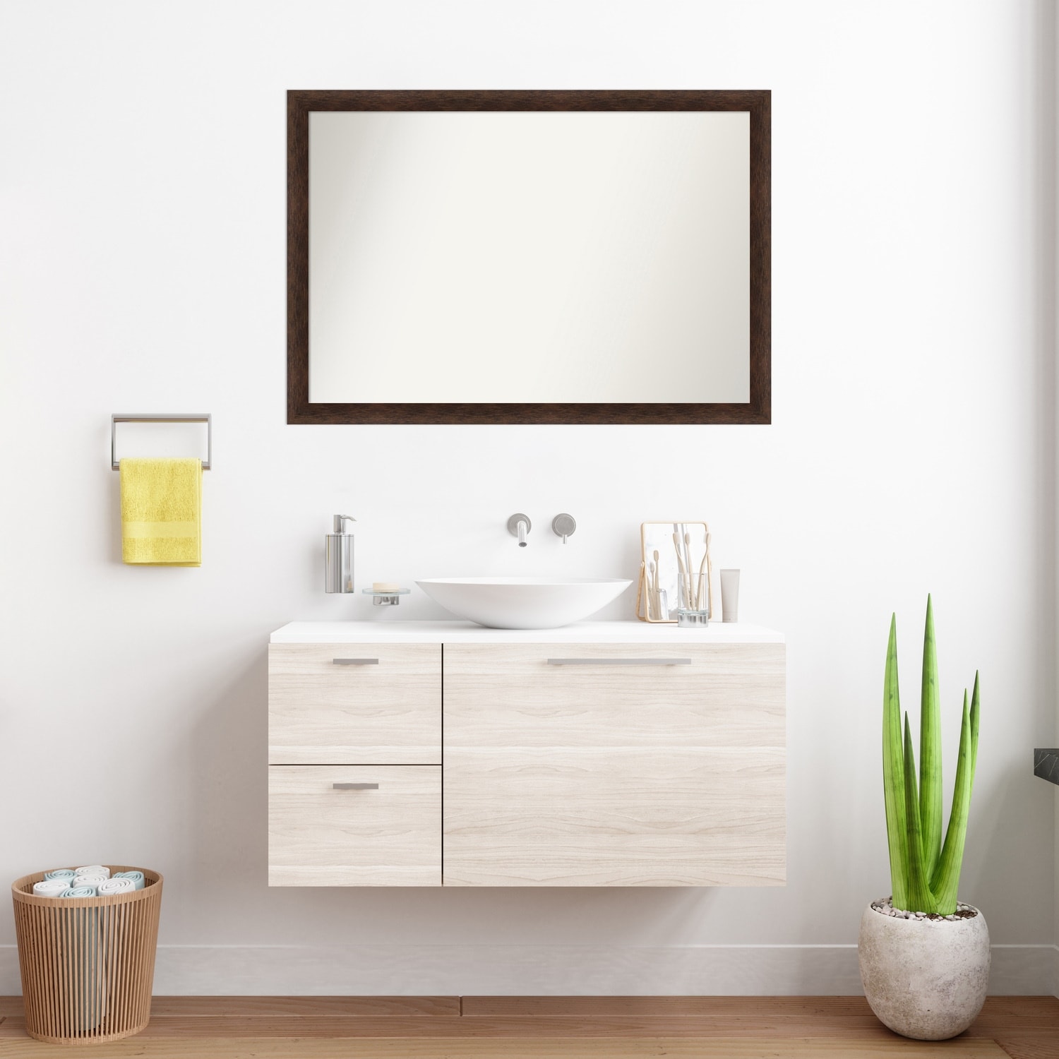 Warm Walnut Narrow Non-Beveled Wood Framed Bathroom Vanity Wall Mirror - Warm Walnut Narrow