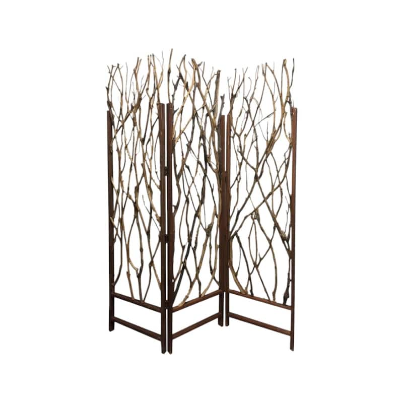 HomeRoots 70" Brown Wood Branches Folding Three Panel Screen Room Divider - 58' X '70' X '1