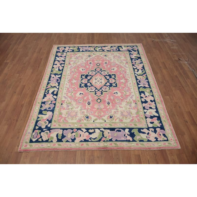 Hand Knotted Oriental 100% Wool Carpet Transitional Medallion Pink Oushak Area Rug - 6' 7'' X 5' 2''