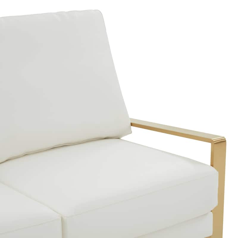 Jefferson Modern Leather Loveseat Gold with Gold Metal Base, Cushion Seating, Pocket Springs, and Protective Floor Pads - 53.1