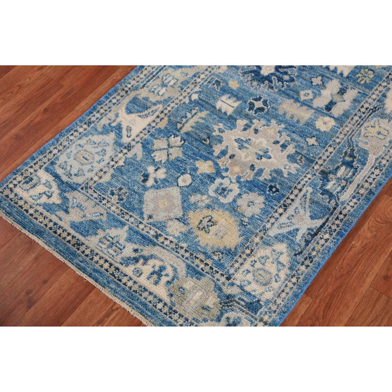 Hand Knotted Oriental 100% Wool Carpet Transitional All-Over Navy Blue & Blues Oushak Runner Rug - 19' 5'' X 2' 7''