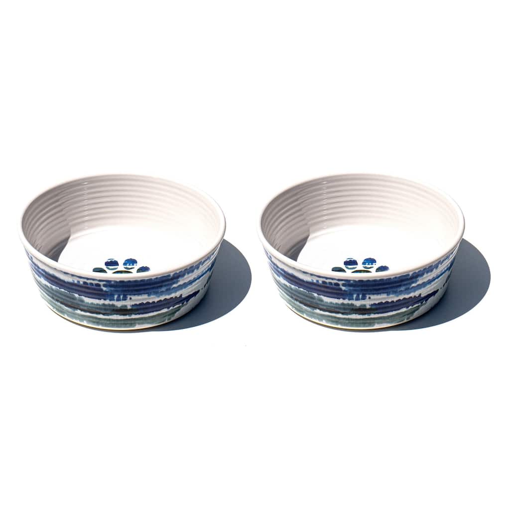 Abode Homewares Tie Dye Paw Print Melamine Pet Bowl - Medium - 4 Cups - Blue - Set of 2