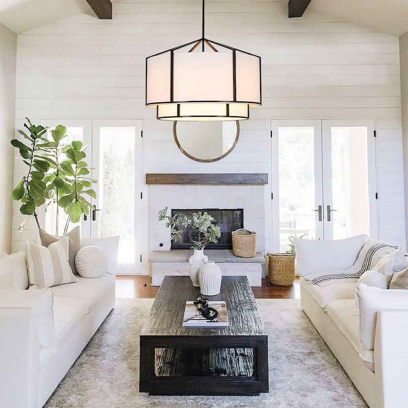 America Traditional 6-Light Two-layer Drum Fabric Pendant Chandelier - 28.1in