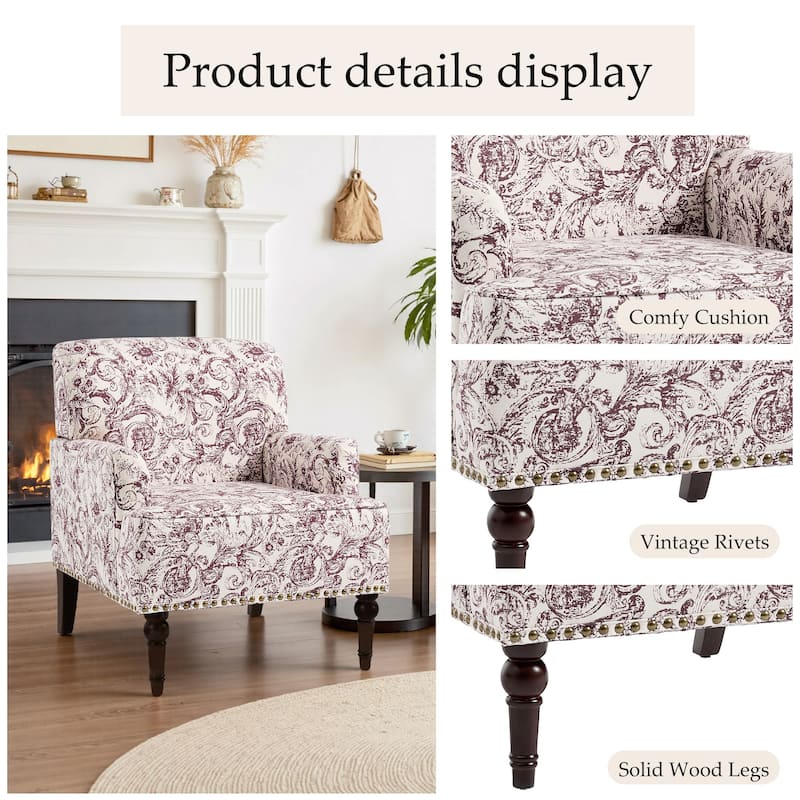 Linen Accent Chairs Nailhead Trim Armchairs with Wooden Legs