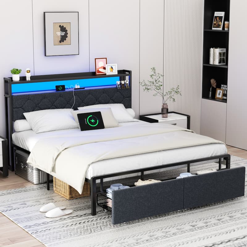 Queen Size Metal Bed Frame with LED Headboard & USB Ports - Black
