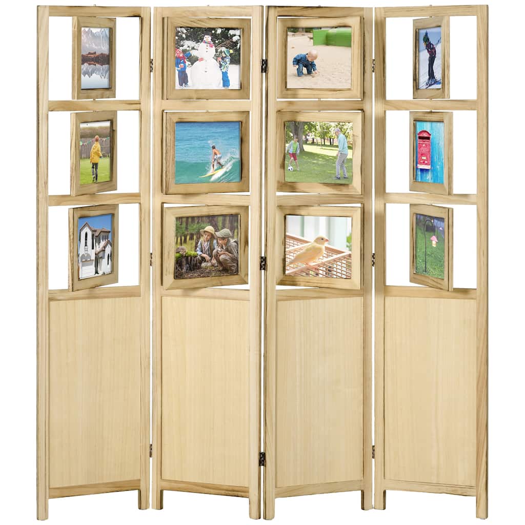 4 Panel Room Divider, 5.6' Indoor Wood Portable Folding Privacy Screens with Photo Frames and Cardstocks