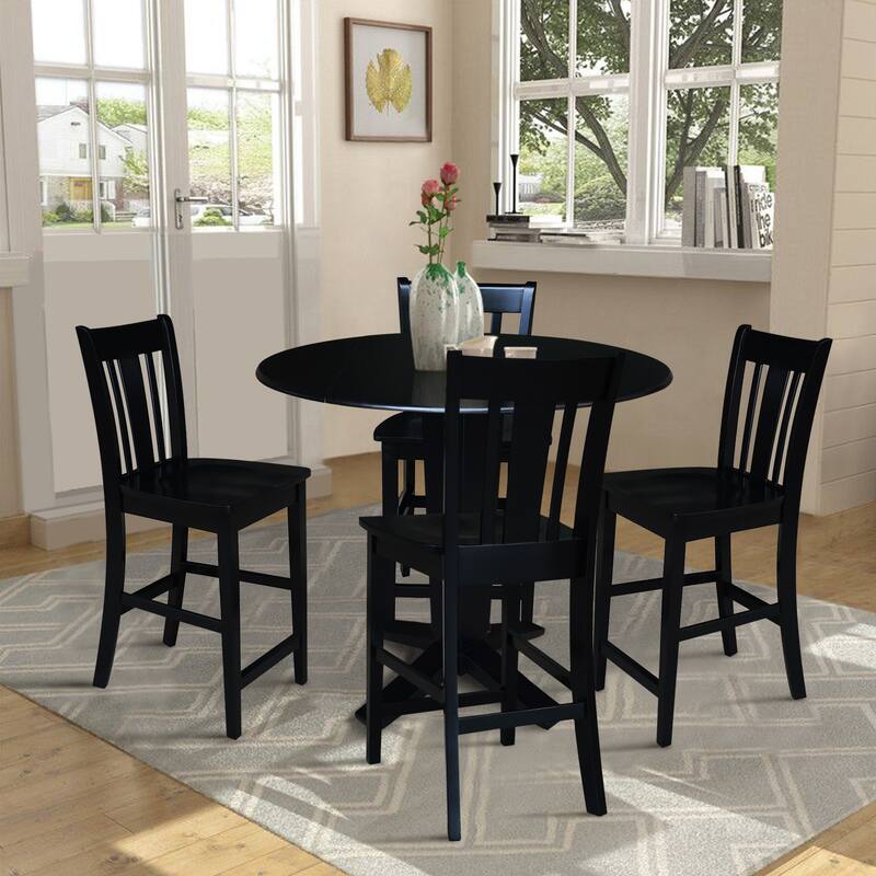 42 in Solid Wood Round Drop Leaf Counter Height Dining Table with Stools in Black