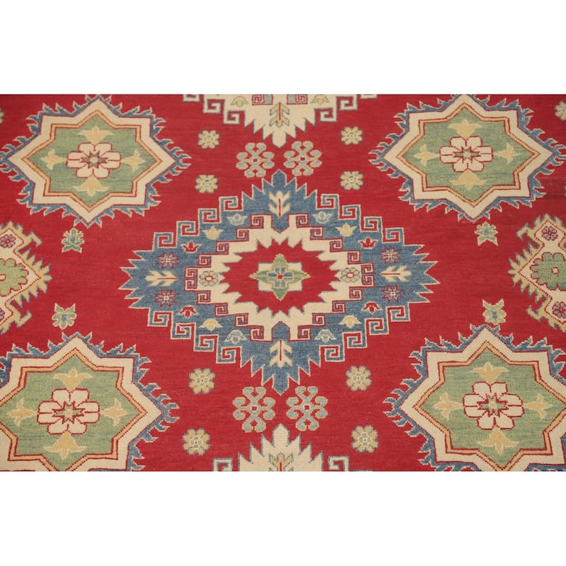 Geometric Kazak Area Rug Hand-Knotted Red Wool Carpet - 8'0" x 11'0"