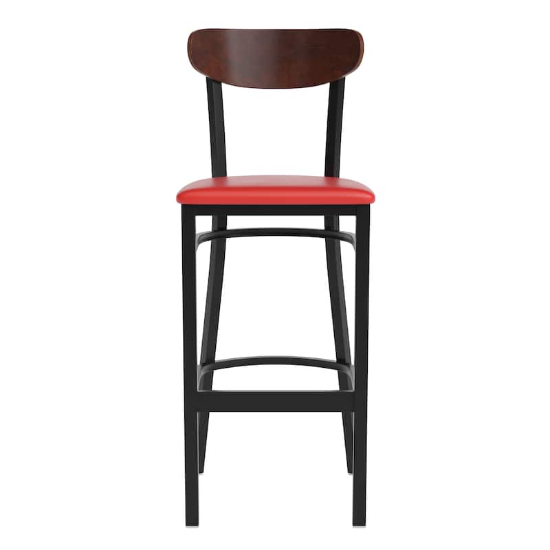 Commercial Metal Barstool with Wood Seat and Boomerang Back