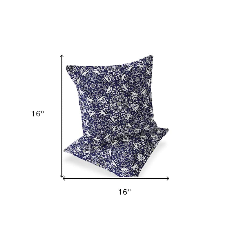 HomeRoots Set of Two 16" X 16" Blue and White Blown Seam Damask Indoor Outdoor Throw Pillow - 16.00' X '16.00' X '5.00