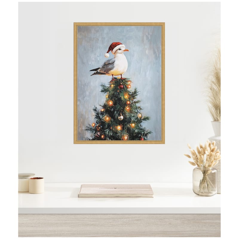 Kate and Laurel Framed Canvas Seagull Santa Hat Festive Holiday Tree by The Creative Bunch Studio