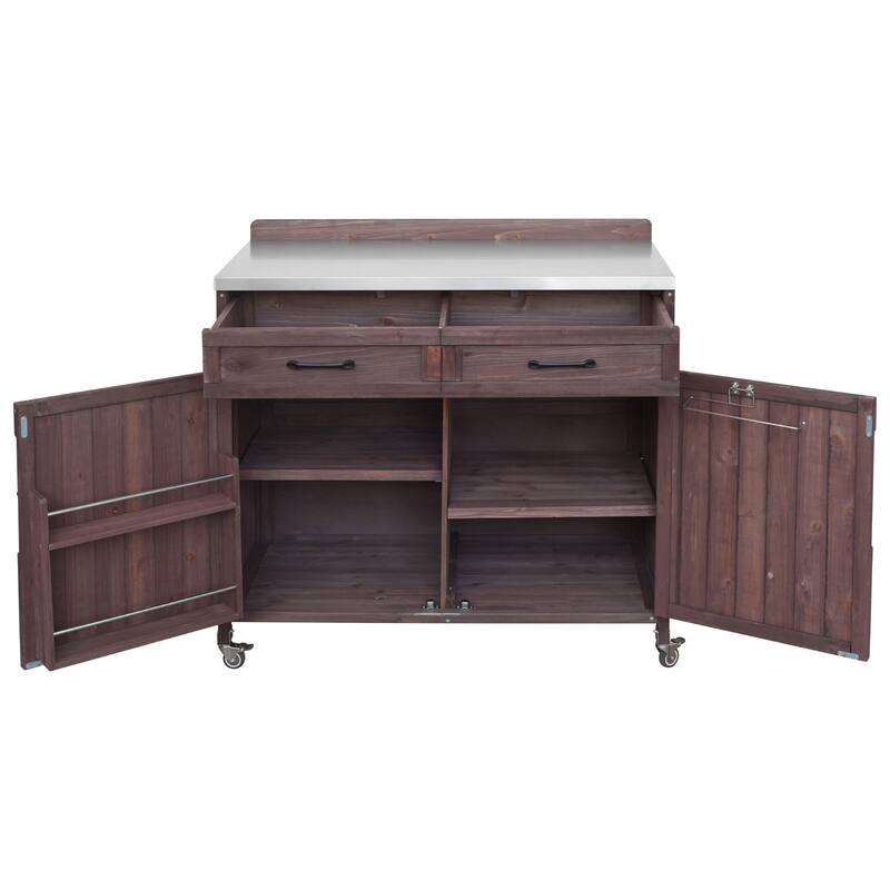 39.4" Outdoor Kitchen Island on Wheels with Stainless Table Top, Outdoor Kitchen Cabinet with Adjustable Shelves