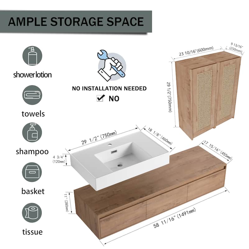60 inch Wall-Mounted Bathroom Vanity with Resin Sink and 2-Side Cabinet, 3-Soft Close Drawer, Float Mounting Design