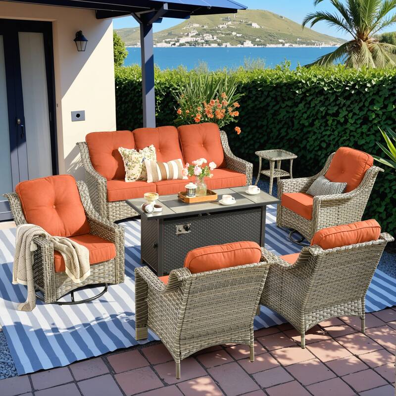 HOOOWOOO 7-piece Wicker Rattan Outdoor High Back Conversation Set with 54" Fire Pit - Red