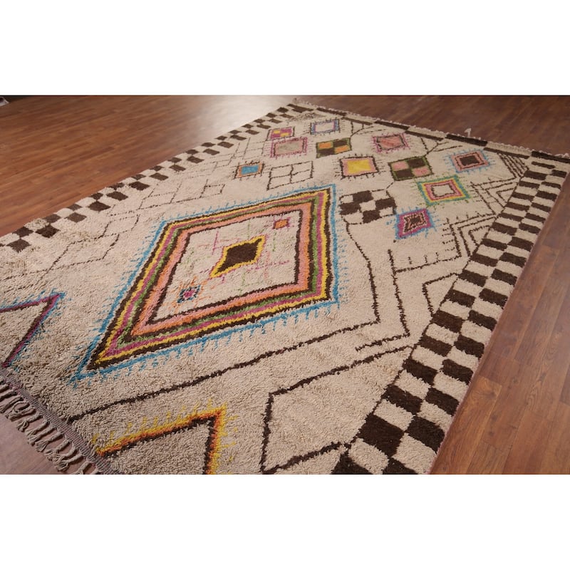 Hand Knotted Oriental 100% Wool Carpet Modern Tribal Beige & Ivories Moroccan Area Rug - 10' 3'' X 7' 6''