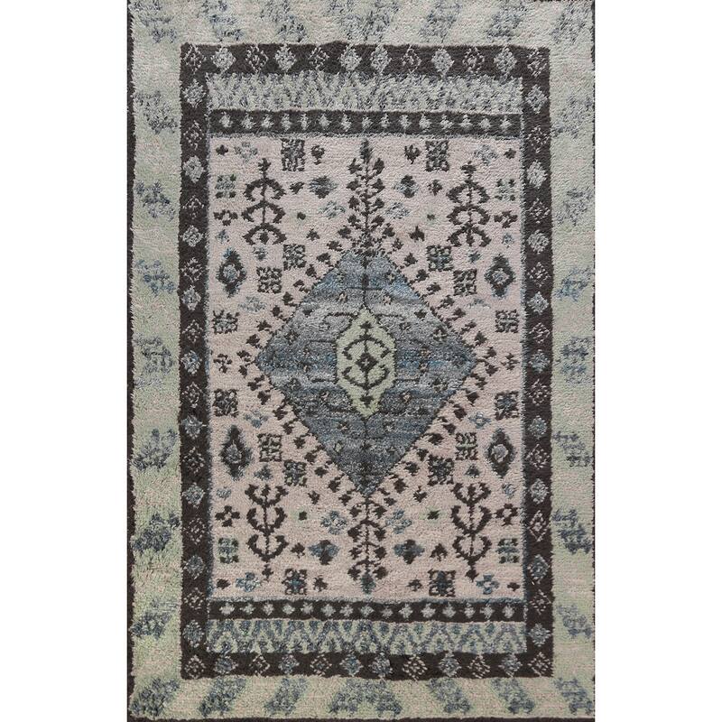 Geometric Plush Moroccan Shaggy Rug Hand-Knotted Wool Carpet - 4'11" x 8'3"
