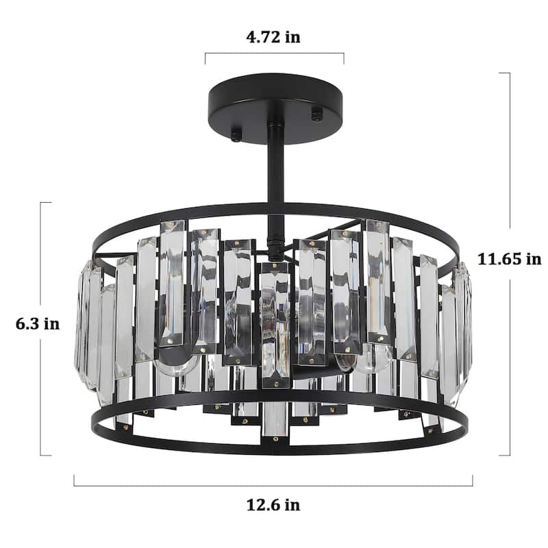 3-Light Modern Farmhouse Crystal Drum Semi-Flush Mount Lighting, Classic Semi Flush Mount Chandelier for Living Room Dining