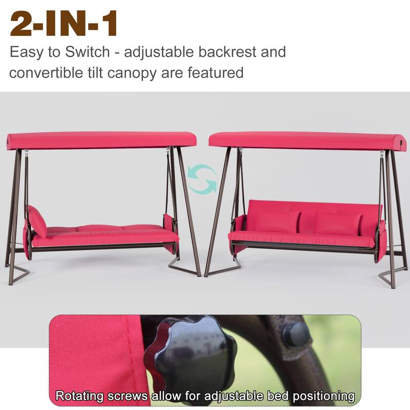 Outdoor Patio 3 Seaters Metal Swing Chair Swing Bed, with Cushion and Adjustable Canopy