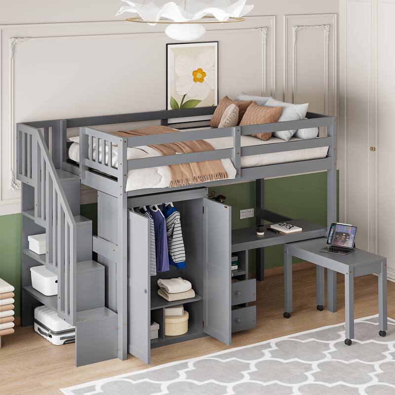 Space-Saving Kids/Teens Loft Bed with Stairs, Bookshelf, Drawers, Desk & Wardrobe – Multifunctional Furniture