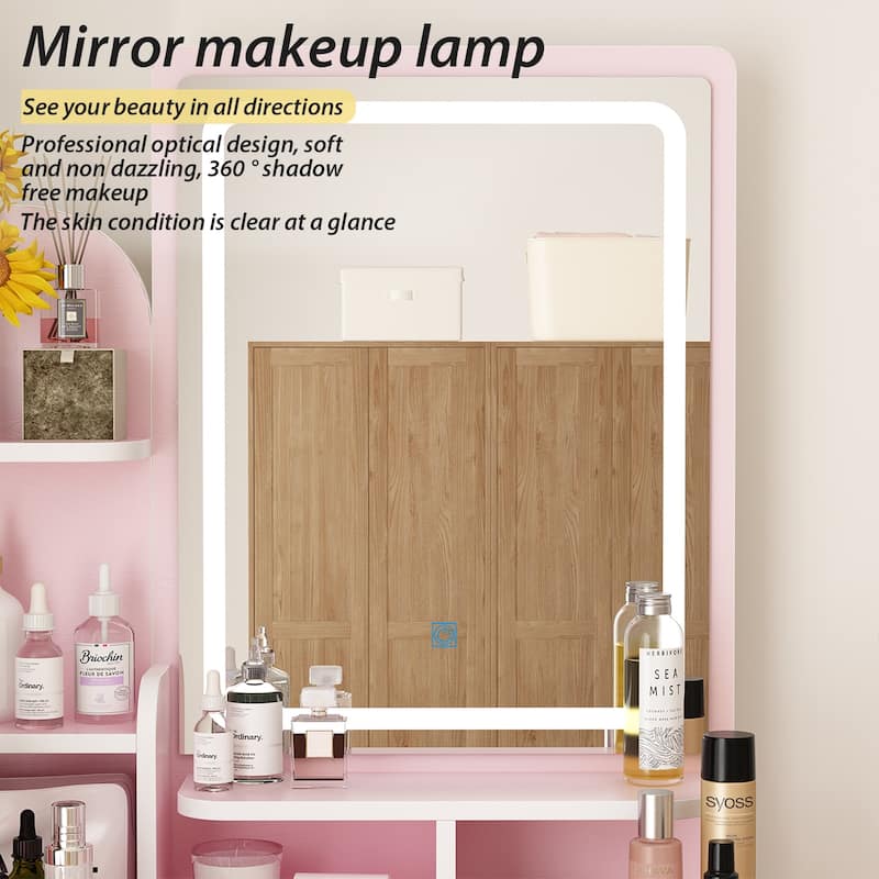Makeup Vanity Set wi/Lighted Mirror, Storage Shelves and Drawers White - 31.5"L x 15.7"W x 55.1"H