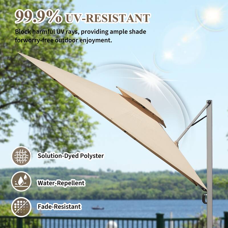 10x10 Square Cantilever Umbrella with Center Pole, Beige, 360° Rotation, 5-Position Tilt, Hydraulic Opening, UPF 50+