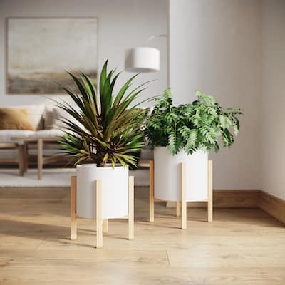 Raya White Indoor Metal Pot Planter With Kinsley Wood Base Set - 12"H x 10"W x 10"D