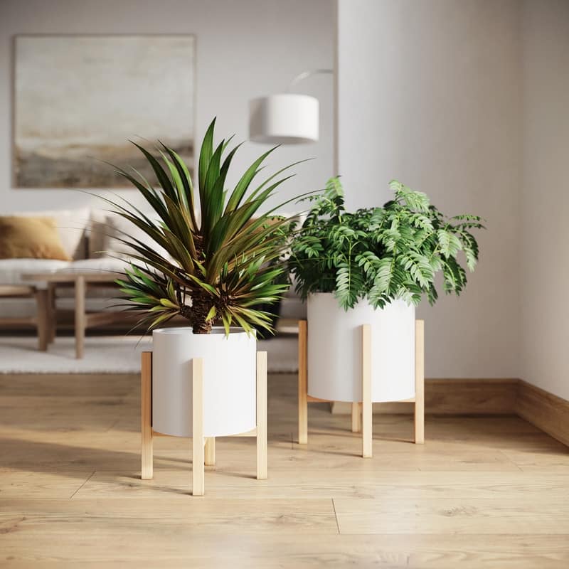 Raya White Indoor Metal Pot Planter With Kinsley Wood Base Set - 12"H x 10"W x 10"D