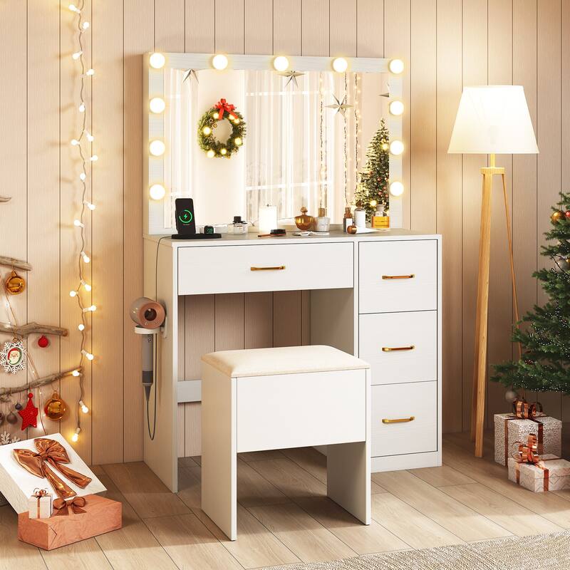 Vanity Desk and Stool Set with Lighted Mirror Built in Charging Station and Storage Drawers White - 35.5" x 16" x 53"