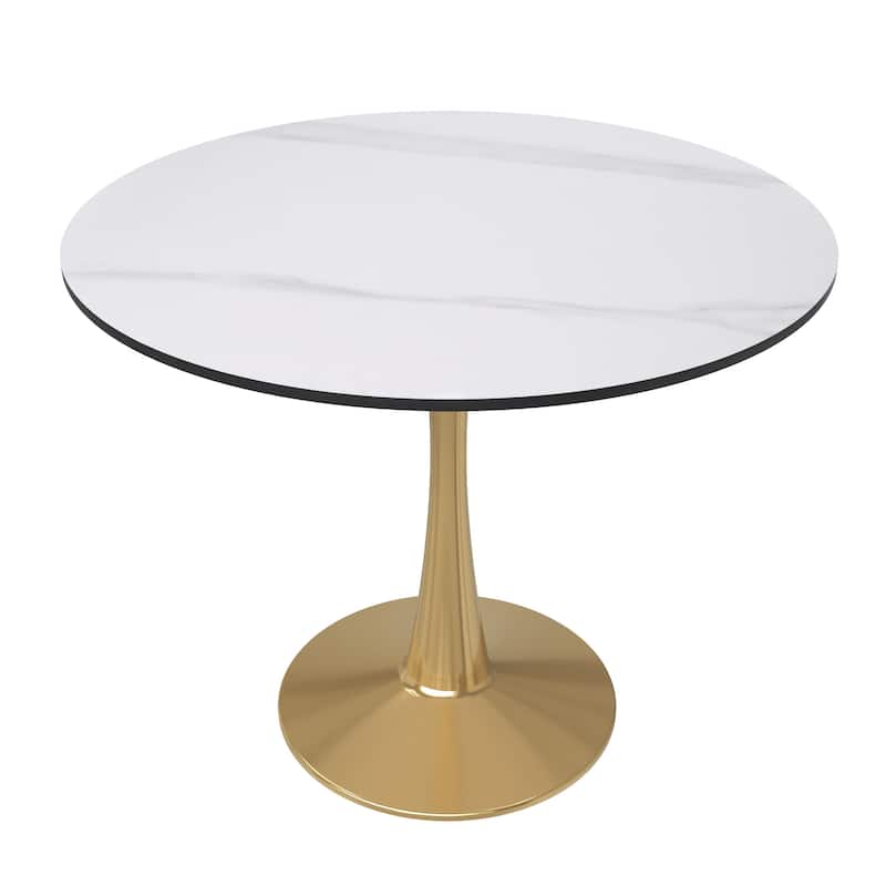 Bristol 31" Round Dining Table for 4 with Sintered Stone Tabletop in Gold Steel Base for Kitchen & Dining Room - White