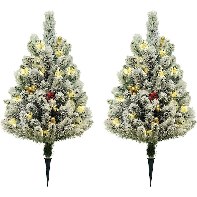 2Pcs Artificial Fir Christmas trees,with LED lights and Red Berries - Green