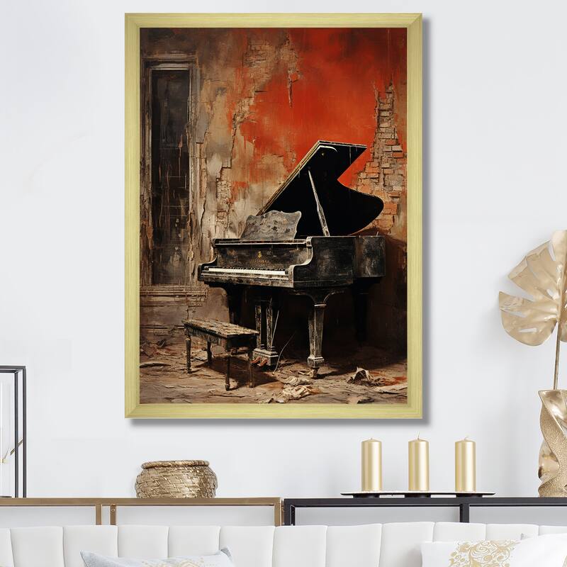 Designart "Vintage Piano Timeless Tunes I" Music Framed Wall Art Prints - 24 in. wide x 32 in. high - Gold