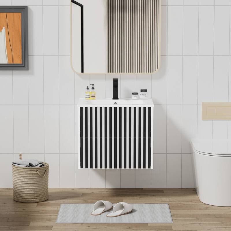Wall Mounted Bathroom Vanity Set Mid-Century Storage Cabinet with Ceramic Sink - 24 in - White