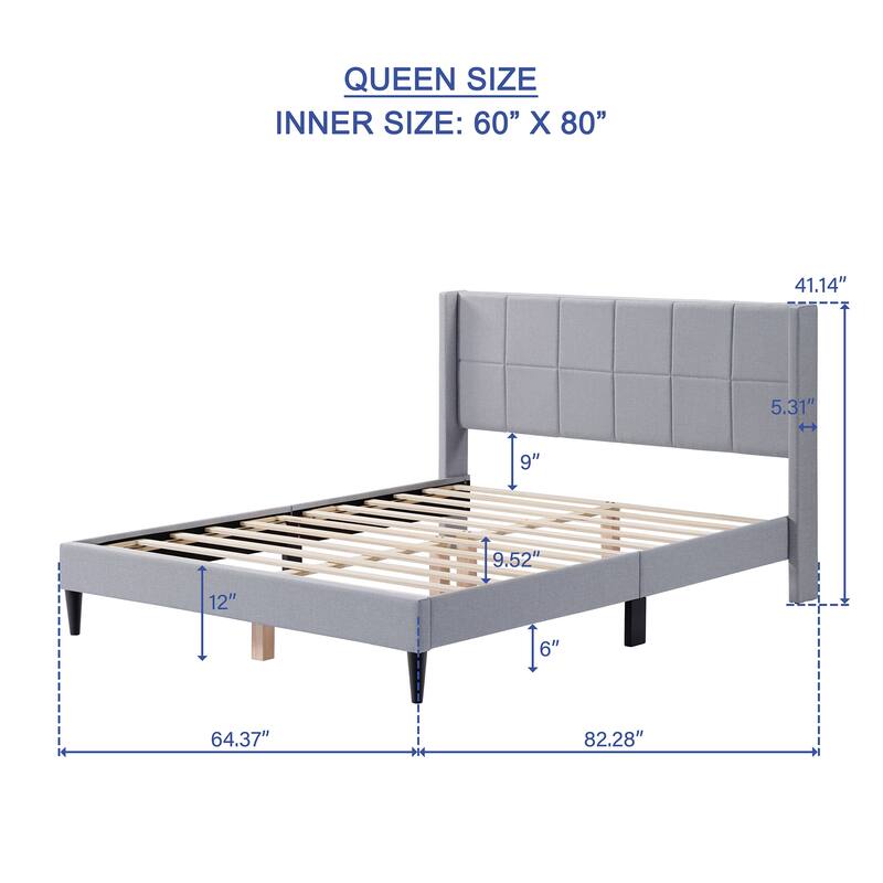 Queen Bed Frame with Wingback/Linen Upholstered Platform Bed with Square Stitched Headboard/Wood Slats Support/Solid Wood Legs