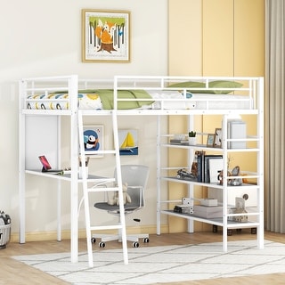 Full Size Metal Loft Bed with 3 Layers of Shelves and Desk, Modern Stylish Metal Frame Loft Bed with Whiteboard, White