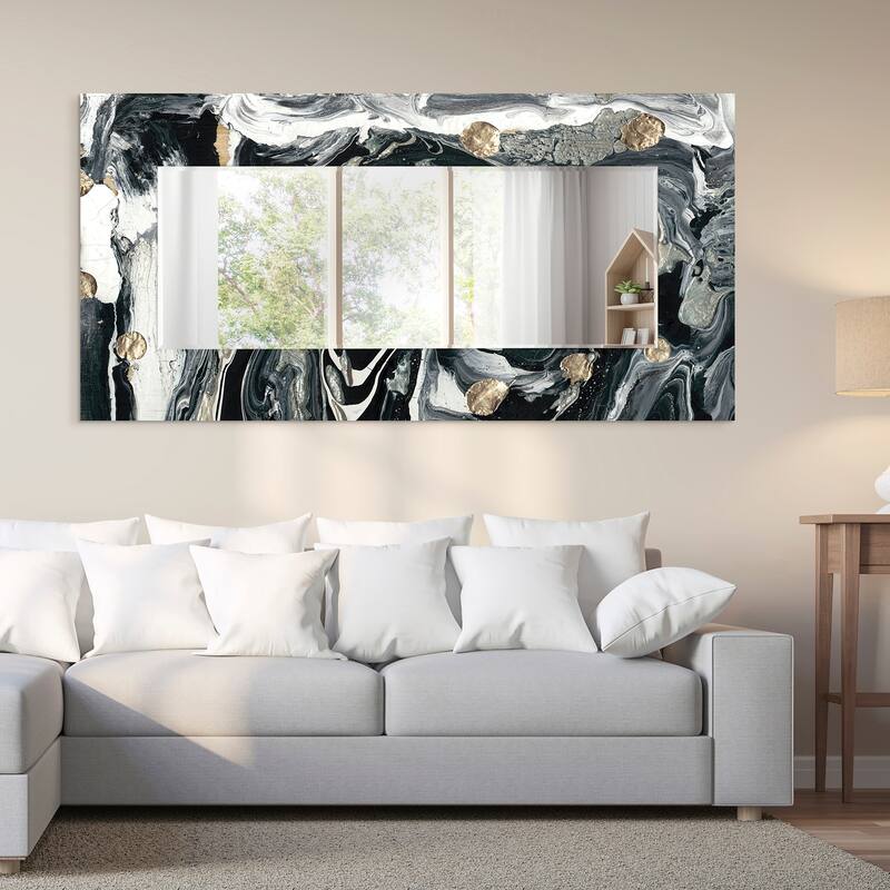 "Ebony & Ivory" Abstract Rectangular Beveled Wall Mirror on Free Floating Glass - Clear - 72 x 36