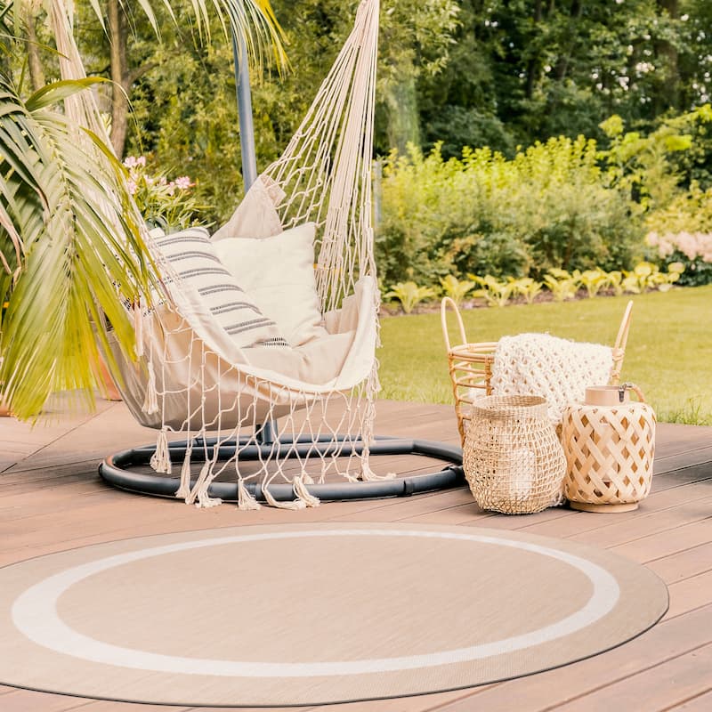 Beverly Rug Bordered Indoor Outdoor Rug, Outside Carpet for Patio, Deck, Porch - Beige