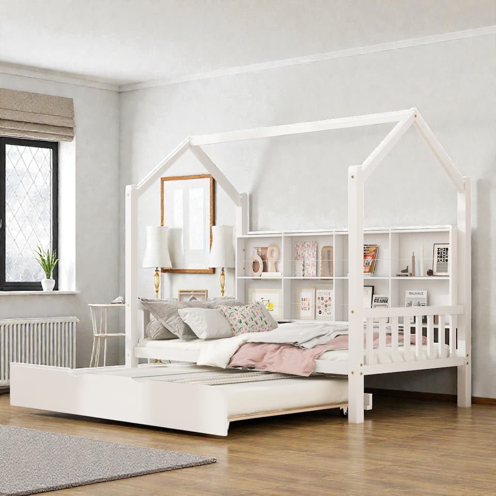 Kids Wooden House Bed with Trundle Bed and Storage Shelf, Space Saving Playhouse Bed