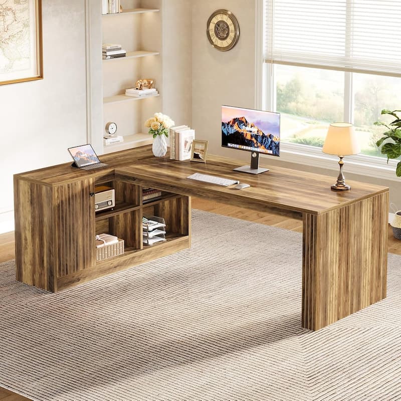 72.8 Inches L-Shaped Desk with Storage Shelves, Farmhouse Wood Computer Desk for Home Office, Rustic Brown