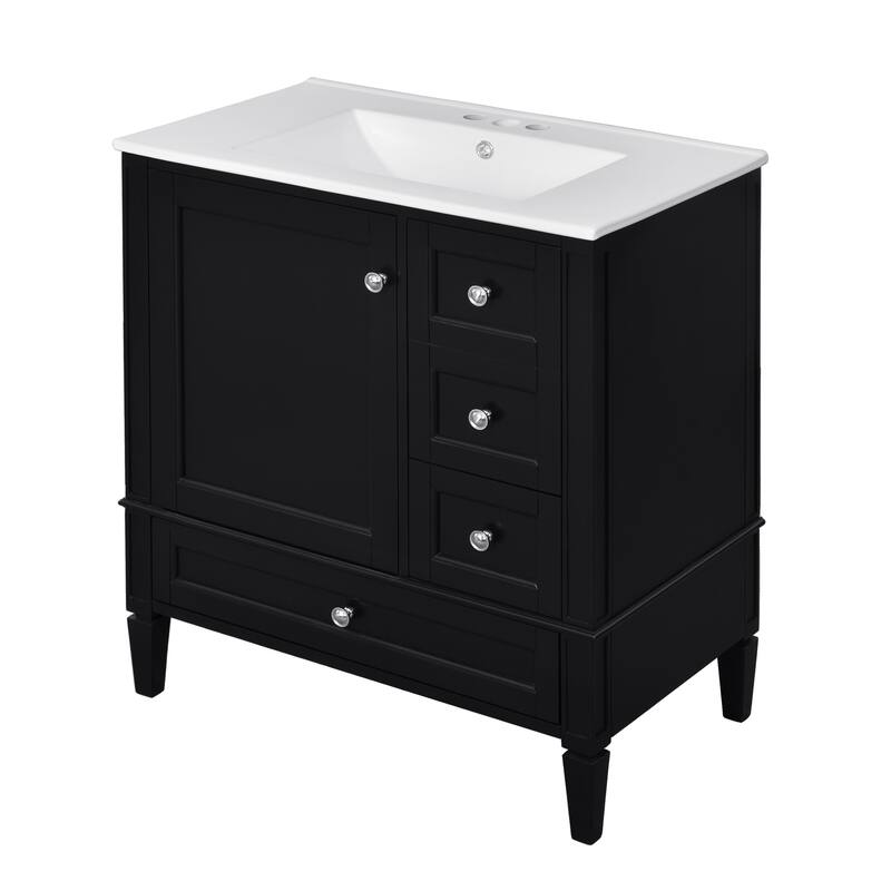 Bathroom Vanity with Ceramic Sink, Modern Bathroom Storage Cabinet with Side Door Organizer and 3 Different Sizes Drawers