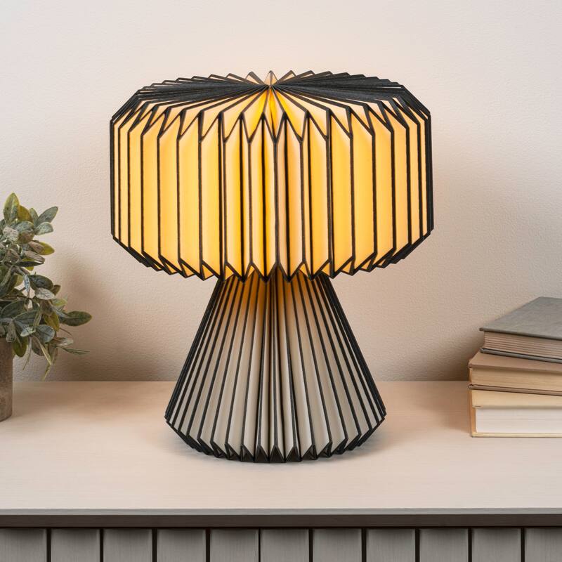 Zelda 12.8" Modern Art Deco Paper Pleated Shade Accent LED Table Lamp - Black Natural