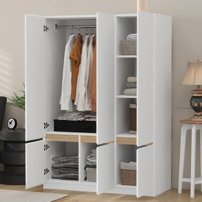 6 Doors Wardrobe Closet with Hanging Rod and Storage Compartments, Wooden Armoire Clothes Storage Cabinet for Bedroom