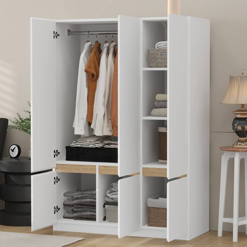 6-Doors Wooden Wardrobe Storage Armoire with Built-in Hanging Rail Clothes Storage Cabinet for Bedroom