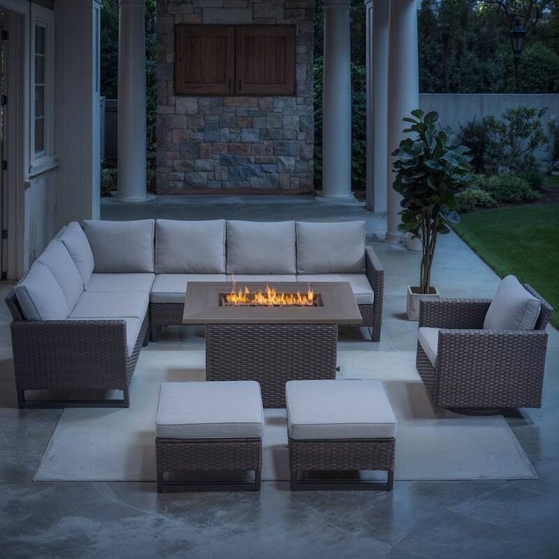 Outdoor Sofa Chair Furniture with Fire Pit Table - Beige cushion - Brown - Beige - Brown
